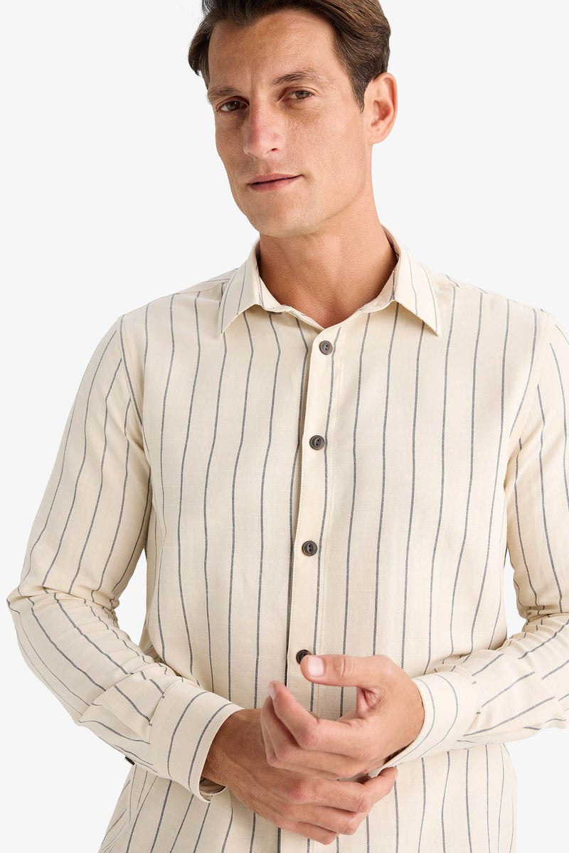 DeFacto Beige Man Regular Fit Polo Collar Cotton Long Sleeve Shirt Casual - Image 1
