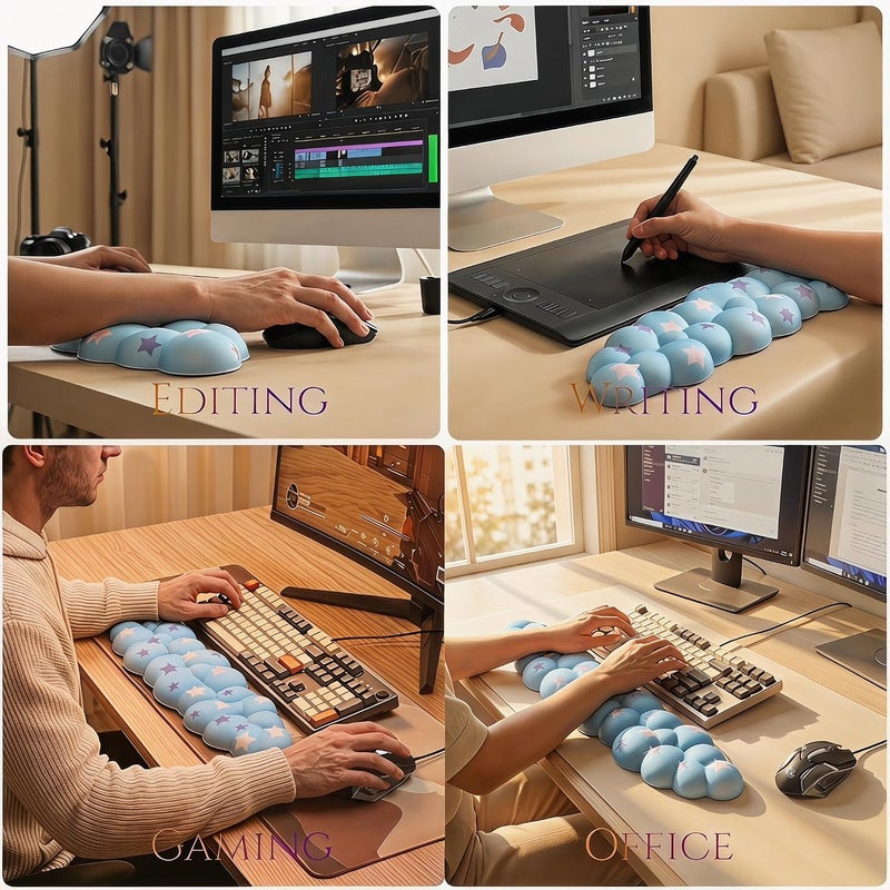 LJYZMD Cloud Wrist Rest Set for Keyboard and Mouse, Includes Cute Coaster, with Computers and Laptops (Blue Colorful Star Set) - Image 4