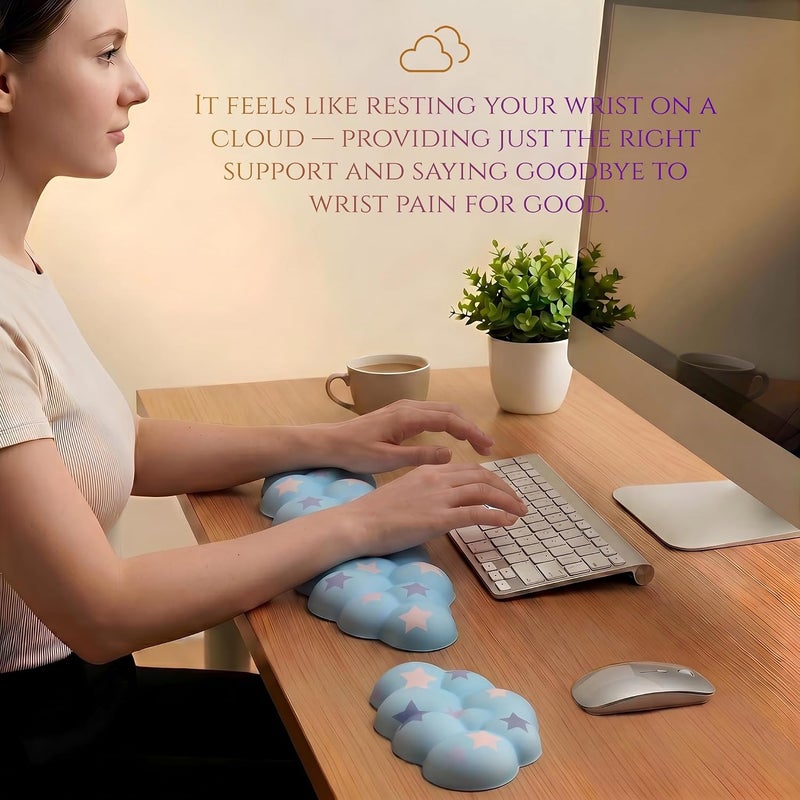 LJYZMD Cloud Wrist Rest Set for Keyboard and Mouse, Includes Cute Coaster, with Computers and Laptops (Blue Colorful Star Set) - Image 2