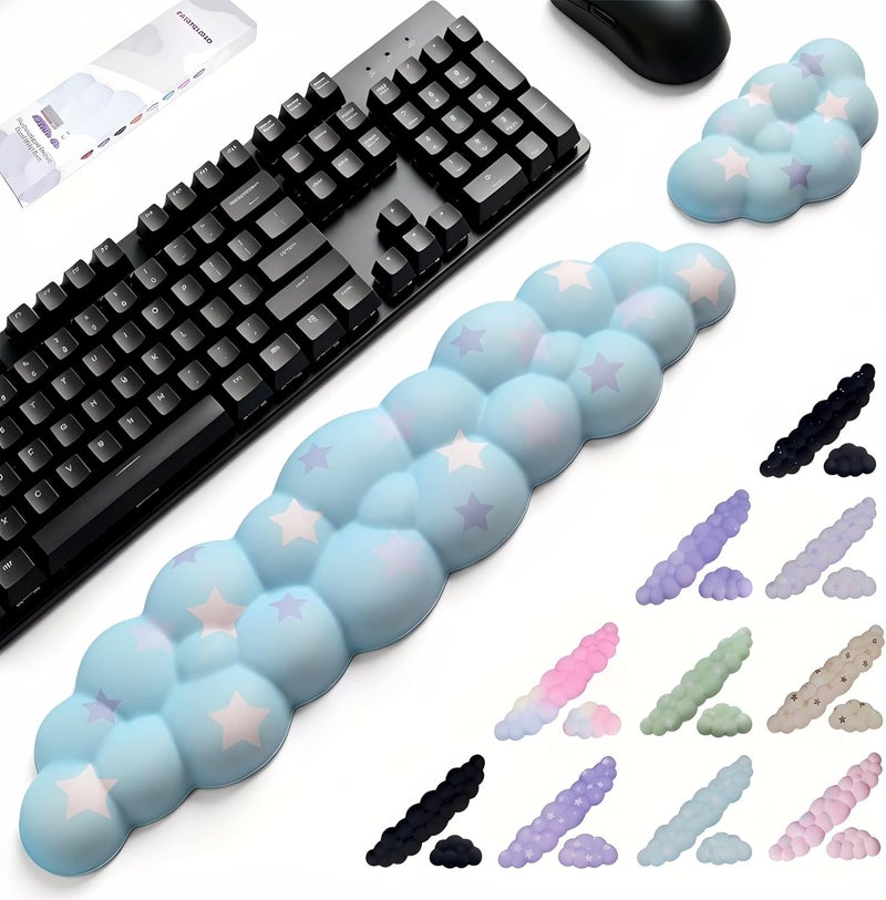 LJYZMD Cloud Wrist Rest Set for Keyboard and Mouse, Includes Cute Coaster, with Computers and Laptops (Blue Colorful Star Set) - Image 1
