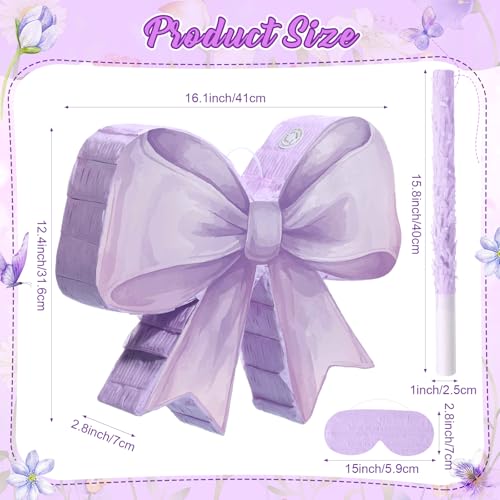 Threan Bow Piata Bow Party Piata with Bat Stick Blindfold Mask Coquette Birthday Centerpieces Decorations for Bridal Shower Wedding Anniversary Engagement Supplies Purple - Image 5