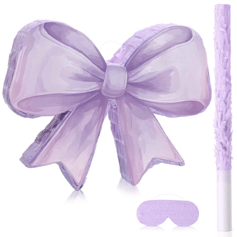 Threan Bow Piata Bow Party Piata with Bat Stick Blindfold Mask Coquette Birthday Centerpieces Decorations for Bridal Shower Wedding Anniversary Engagement Supplies Purple - Image 3