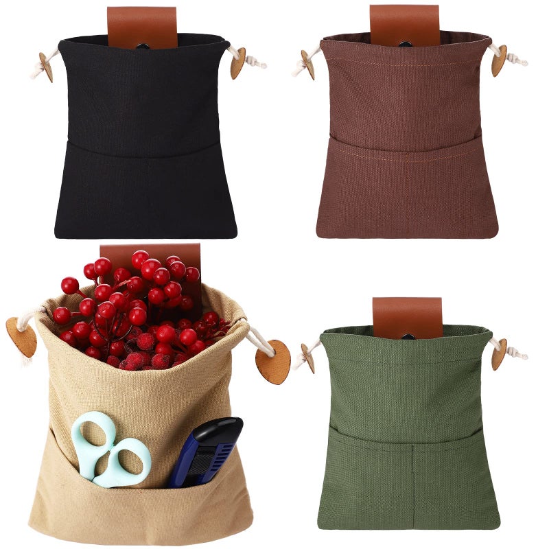 Weewooday Foraging Bag 4 Pcs Canvas Waxed Foraging Pouch Mushroom Bags Collapsible Bushcraft Leather Pu Hunting Belt Bag Hiking Pouch for Outdoor Traveling Camping Brown Green Black KhakiClassic Style - Image 2