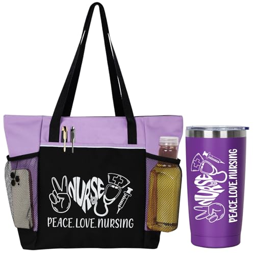 GiftPeak Peace, Love Nursing - 2 Piece Set: Zippered Tote Bag & Insulated Tumbler, Nurse Appreciation Gift, Work Accessories (Purple) - Image 1