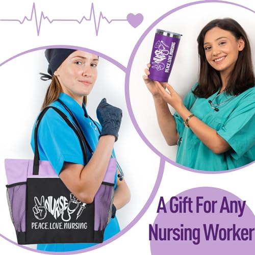 GiftPeak Peace, Love Nursing - 2 Piece Set: Zippered Tote Bag & Insulated Tumbler, Nurse Appreciation Gift, Work Accessories (Purple) - Image 4