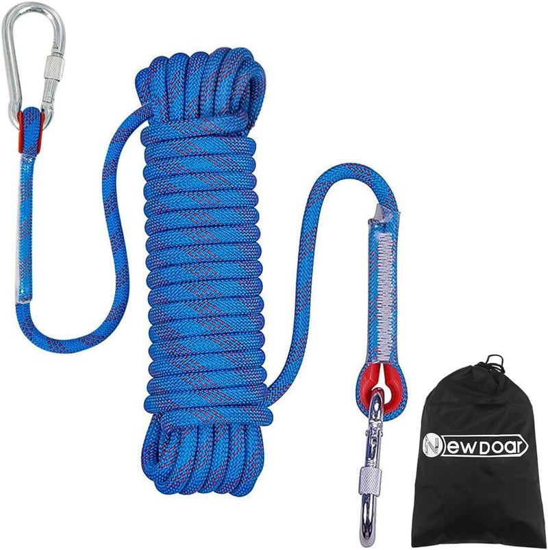 Newdoar Climbing Rope 8(5/16in),10mm (3/8in), High Strength Accessory Cord Rope with 2 Steel Hooks, for Outdoor Rescue Rappelling Rope Down Cliffs ledges Safety Escape Tow Strap Equipment(Blue) - Image 1