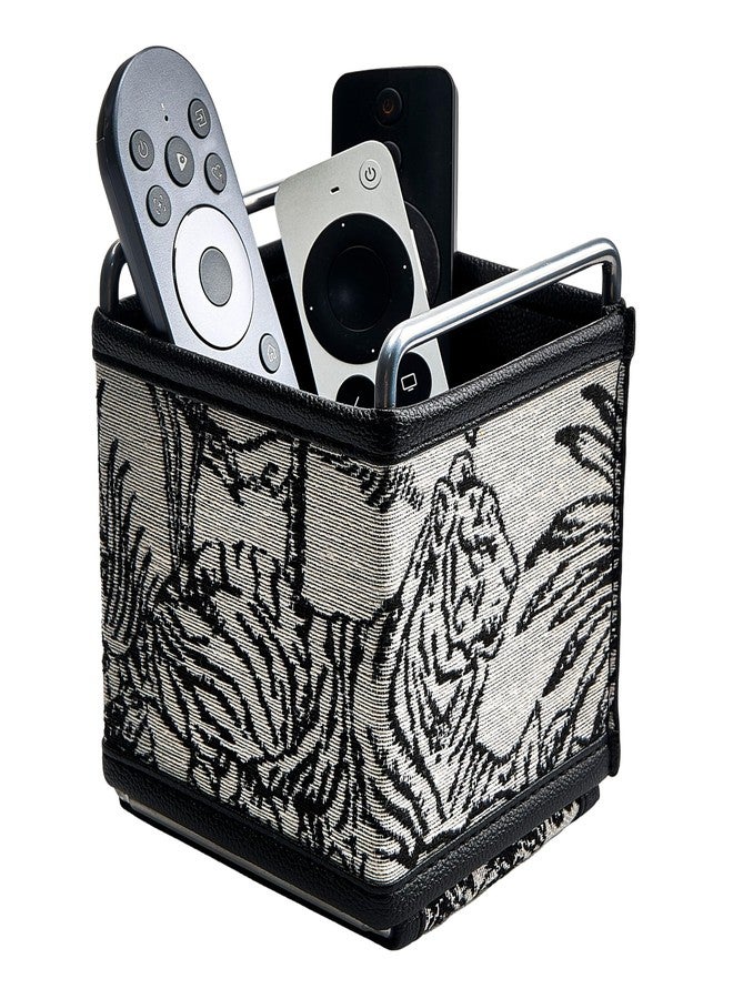 Meicloud Jungle Theme Remote Control Holder - Black and White Embroidered Fabric TV Remote Organizer for Bedside Table, PU Leather Remote Caddy for Pens, and Makeup Brushes (Random Pattern) - Image 1