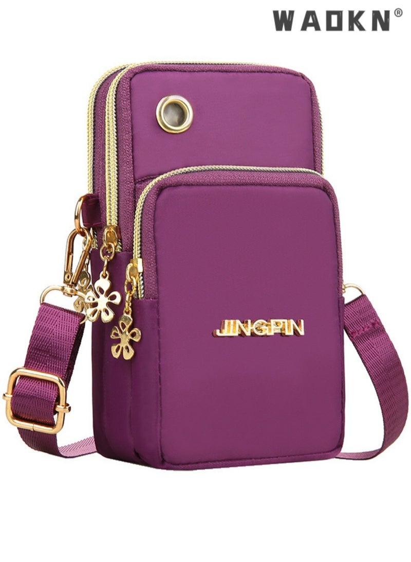 WAOKN Women's Multi-layered Shoulder Bag with Earphone Hole, Fashionable Mobile Phone Bag Crossbody Bag Small Bag for Ladies, Mini Coin Purse Arm Bag Sling Bag(Purple)  - Image 1
