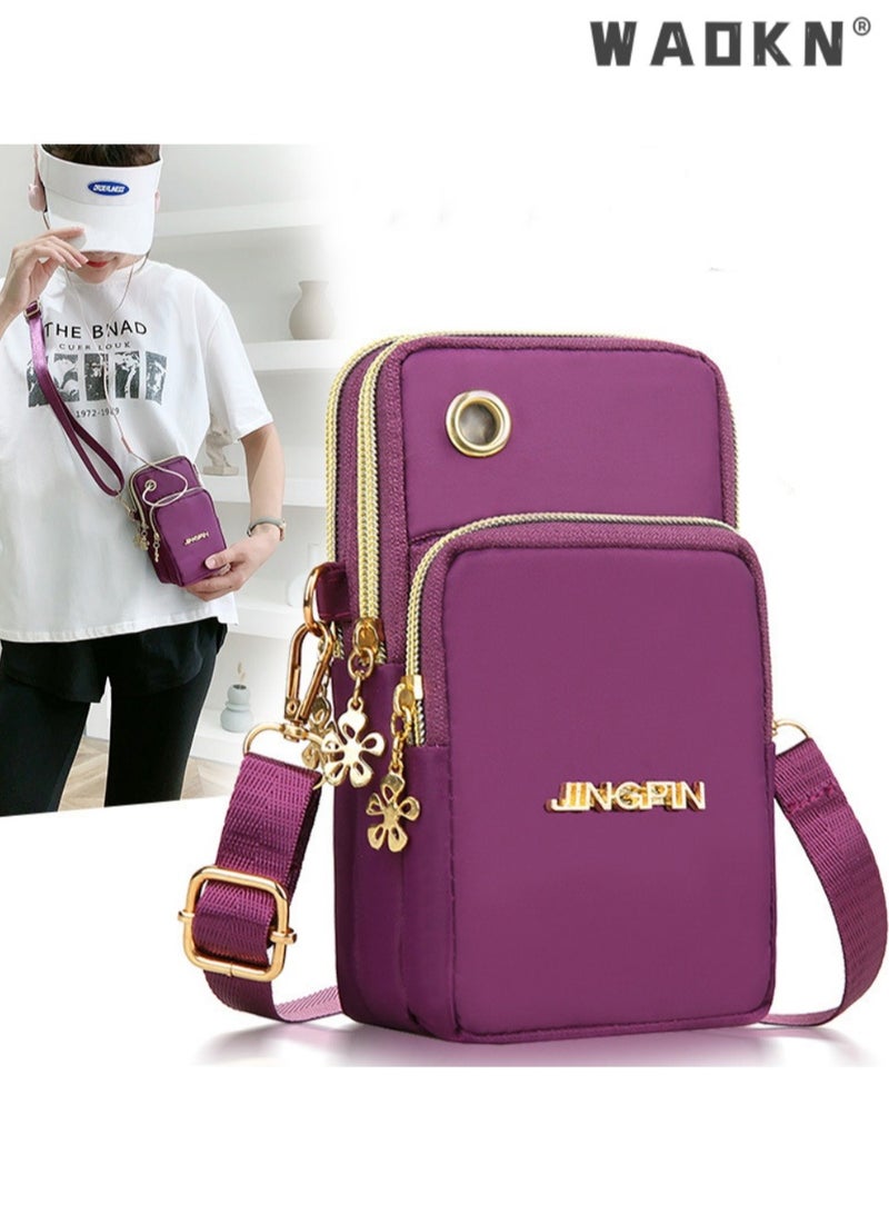 WAOKN Women's Multi-layered Shoulder Bag with Earphone Hole, Fashionable Mobile Phone Bag Crossbody Bag Small Bag for Ladies, Mini Coin Purse Arm Bag Sling Bag(Purple)  - Image 2