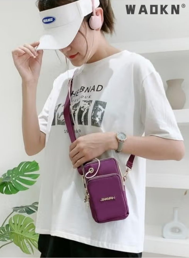 WAOKN Women's Multi-layered Shoulder Bag with Earphone Hole, Fashionable Mobile Phone Bag Crossbody Bag Small Bag for Ladies, Mini Coin Purse Arm Bag Sling Bag(Purple)  - Image 5
