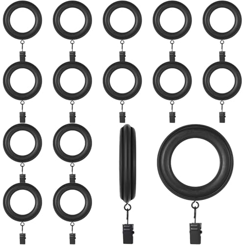 Booson 16 Pack Curtain Rod Rings Wooden with Drapery Clips 2.95 Inch Outer Diameter Beech Wood Carved Drapes Rings 1.7 Inch Interior Diameter for 1-1.2 Inch Curtain Rod Pole (Black) - Image 1