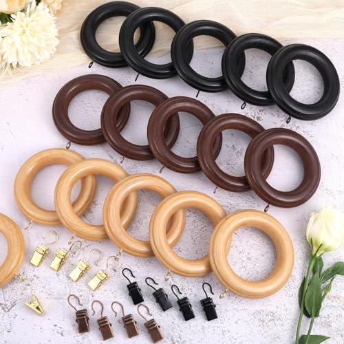 Booson 16 Pack Curtain Rod Rings Wooden with Drapery Clips 2.95 Inch Outer Diameter Beech Wood Carved Drapes Rings 1.7 Inch Interior Diameter for 1-1.2 Inch Curtain Rod Pole (Black) - Image 5