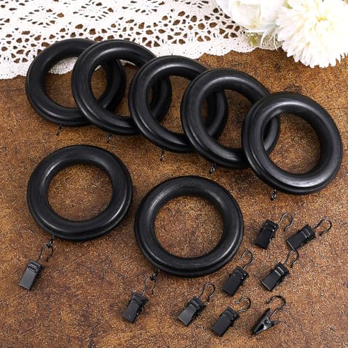 Booson 16 Pack Curtain Rod Rings Wooden with Drapery Clips 2.95 Inch Outer Diameter Beech Wood Carved Drapes Rings 1.7 Inch Interior Diameter for 1-1.2 Inch Curtain Rod Pole (Black) - Image 4