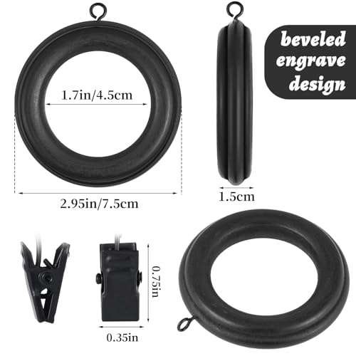 Booson 16 Pack Curtain Rod Rings Wooden with Drapery Clips 2.95 Inch Outer Diameter Beech Wood Carved Drapes Rings 1.7 Inch Interior Diameter for 1-1.2 Inch Curtain Rod Pole (Black) - Image 2
