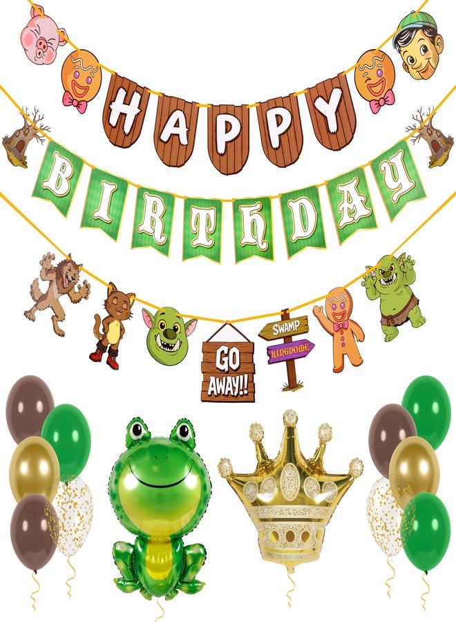 Pirese Ogre Birthday Decorations, Swamp Birthday Party Decorations Kit with Pre-Strung Happy Birthday Banner, Frog & Crown Foil Balloons, Latex and Confetti Balloons, Ogre Party Supplies - Image 1
