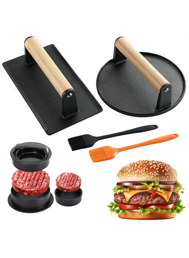 5-Piece Burger Press Set, Heavy-Duty Cast Iron Smash Burger Press (Round & Rectangle) with Wooden Handles, Non-Stick Meat Steak Press + Burger Mold & Silicone Brushes for Griddle, BBQ, Sandwich Cooking - Black - Image 1