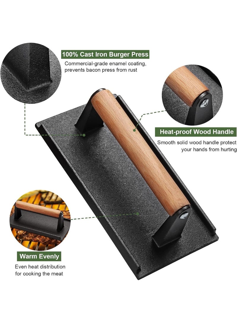 5-Piece Burger Press Set, Heavy-Duty Cast Iron Smash Burger Press (Round & Rectangle) with Wooden Handles, Non-Stick Meat Steak Press + Burger Mold & Silicone Brushes for Griddle, BBQ, Sandwich Cooking - Black - Image 3