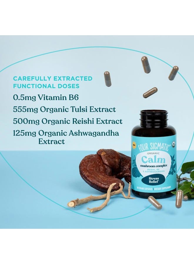 Four Sigmatic Calm Capsules | Vegan Stress Relief Supplement to Promote Positive Mood with Organic Ashwagandha Powder, Organic Reishi Mushroom, Tulsi (Holy Basil Extract), Vitamin B6 | 30 Servings - Image 4