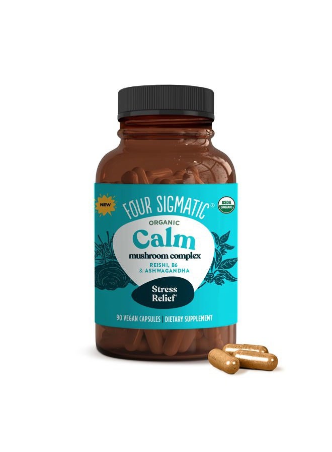 Four Sigmatic Calm Capsules | Vegan Stress Relief Supplement to Promote Positive Mood with Organic Ashwagandha Powder, Organic Reishi Mushroom, Tulsi (Holy Basil Extract), Vitamin B6 | 30 Servings - Image 1