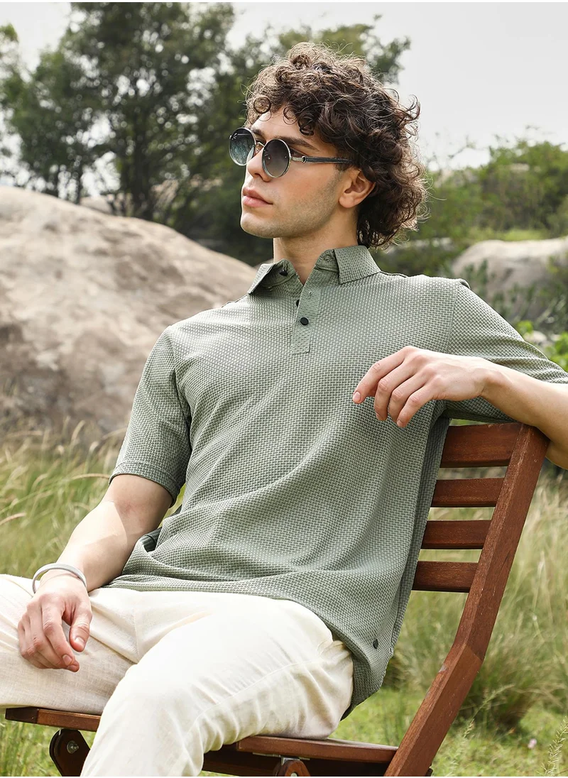 Campus Sutra Men's Olive Green Warp-Tactile Polo T-Shirt