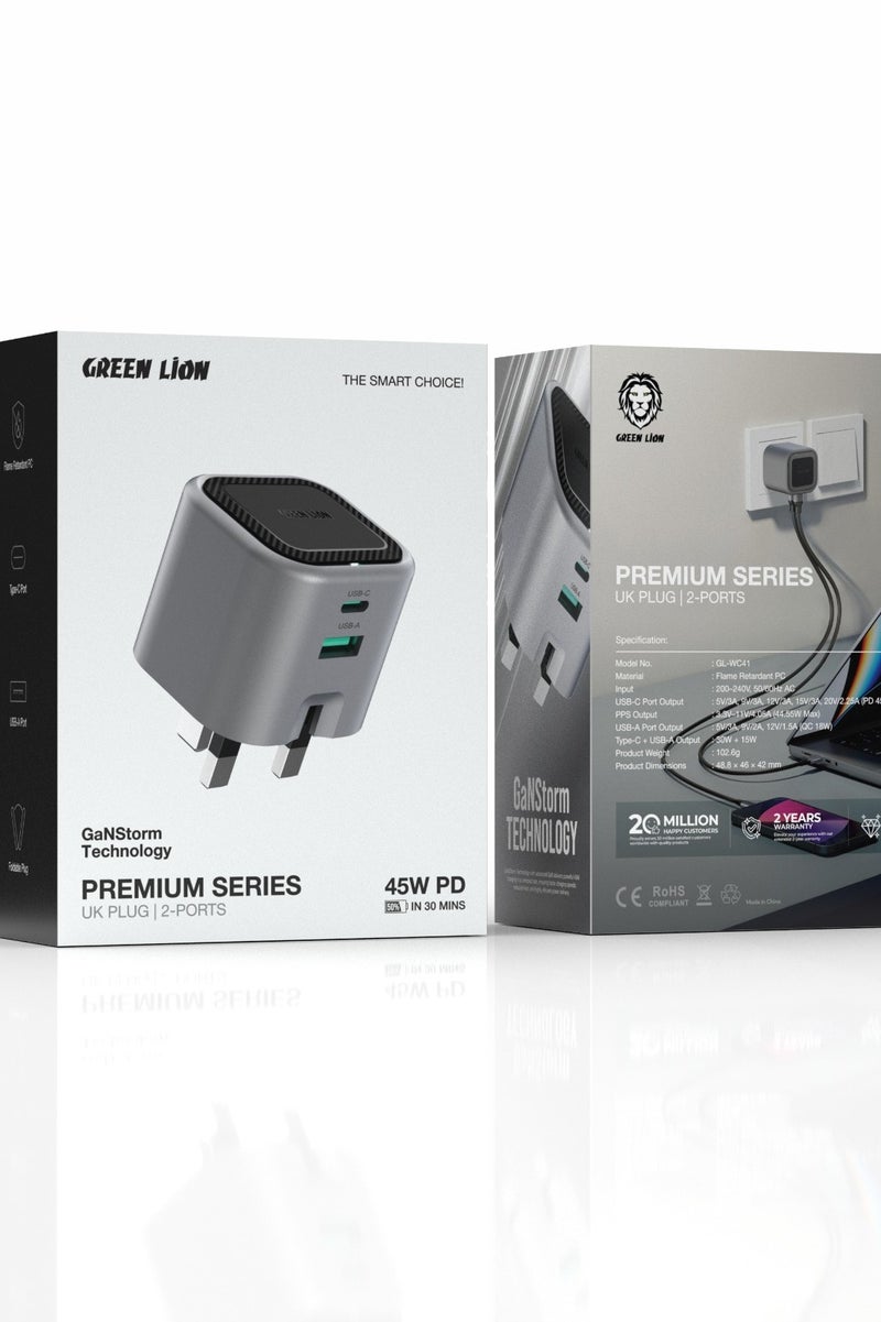جرين ليون شاحن GaN بمقبس المملكة المتحدة مع منفذي شحن USB-C وUSB-A مزدوجين بتقنية PD بقوة 45 وات / مقاوم للحريق لأجهزة الكمبيوتر / مناسب لشحن الكمبيوتر المحمول / متوافق عالميًا / شحن سريع - رمادي - Image 3