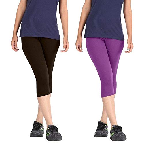 FEELBLUE Premium Cotton Strachable Women's Casual/Gym/Sports 3/4th Capri,Combo Pack,Free Size Brown-Purple - Image 4
