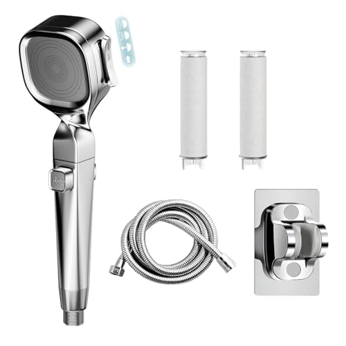 YACVRLT Filtered Shower Head with Handheld High Pressure Shower Head for Hard Water 4 Mode Shower with ONOFF Pause Switch HolderHose2 Filter Replacement Silver - Image 1