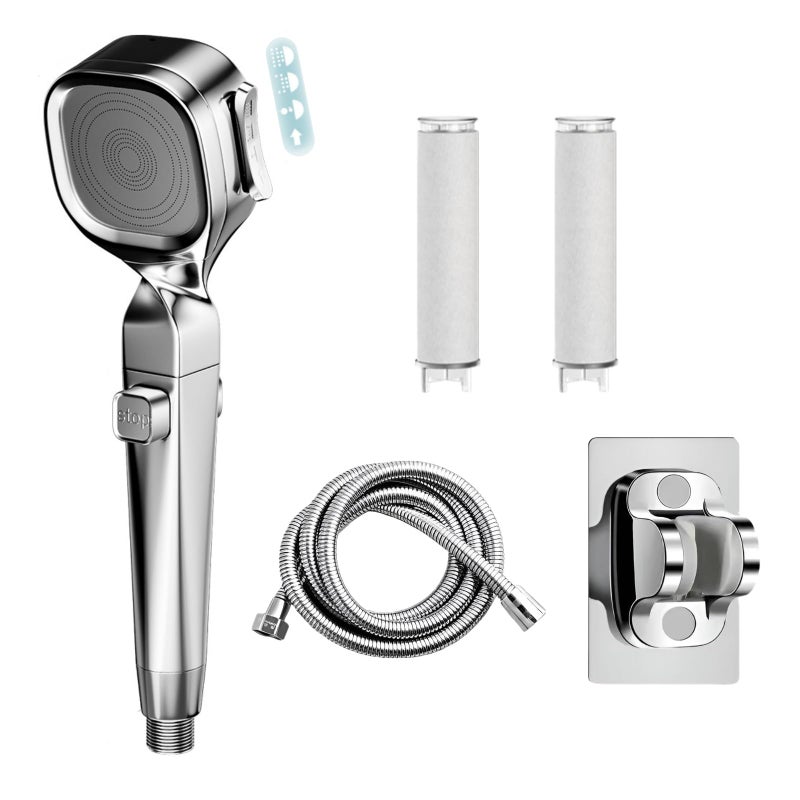 YACVRLT Filtered Shower Head with Handheld High Pressure Shower Head for Hard Water 4 Mode Shower with ONOFF Pause Switch HolderHose2 Filter Replacement Silver - Image 2