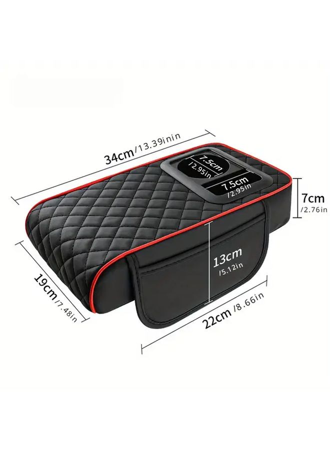 Car Universal Armrest PU Leather Material Center Console With 2 Bracket Cup Holder For Comfort Hand Support Style Black Red - Image 2