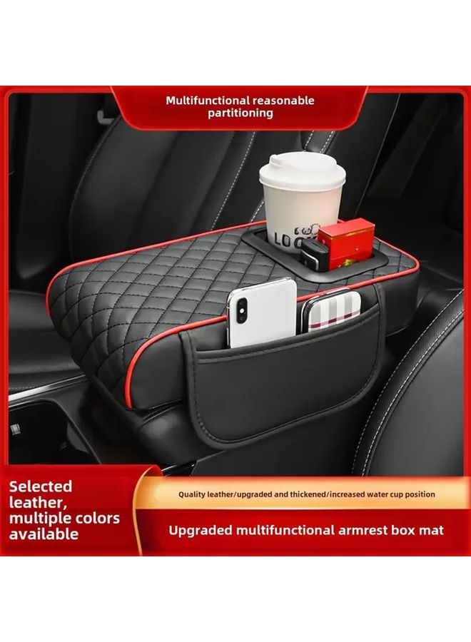 Car Universal Armrest PU Leather Material Center Console With 2 Bracket Cup Holder For Comfort Hand Support Style Black Red - Image 3