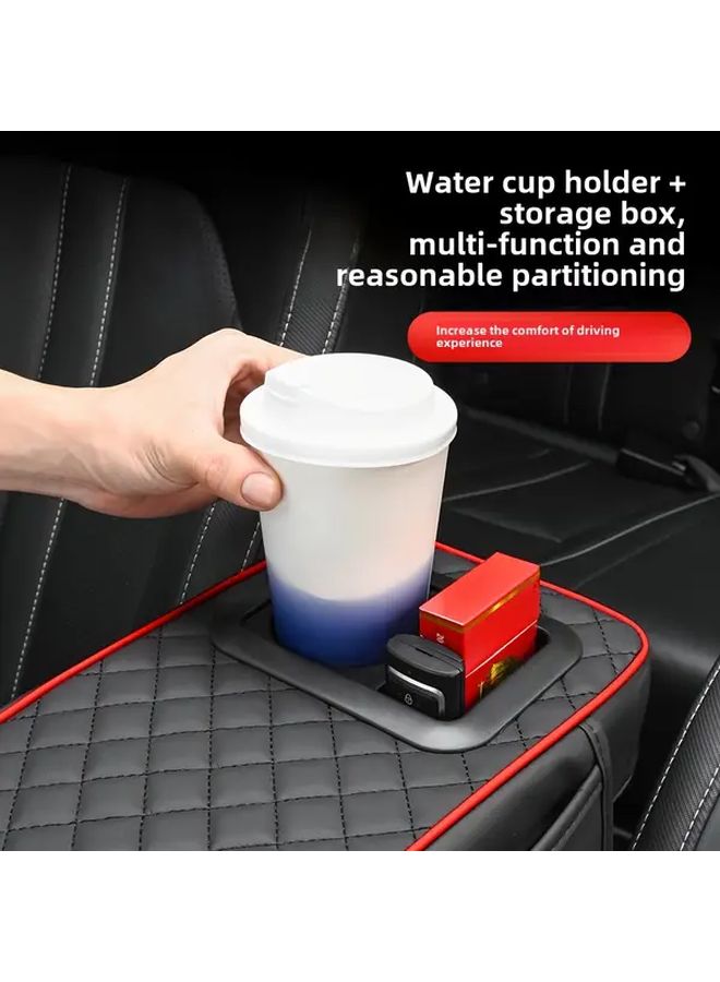 Car Universal Armrest PU Leather Material Center Console With 2 Bracket Cup Holder For Comfort Hand Support Style Black Red - Image 1