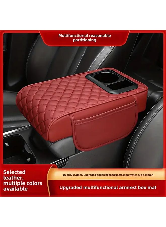 Car Universal Armrest PU Leather Material Center Console With 2 Bracket Cup Holder For Comfort Hand Support Style Black Red - Image 4