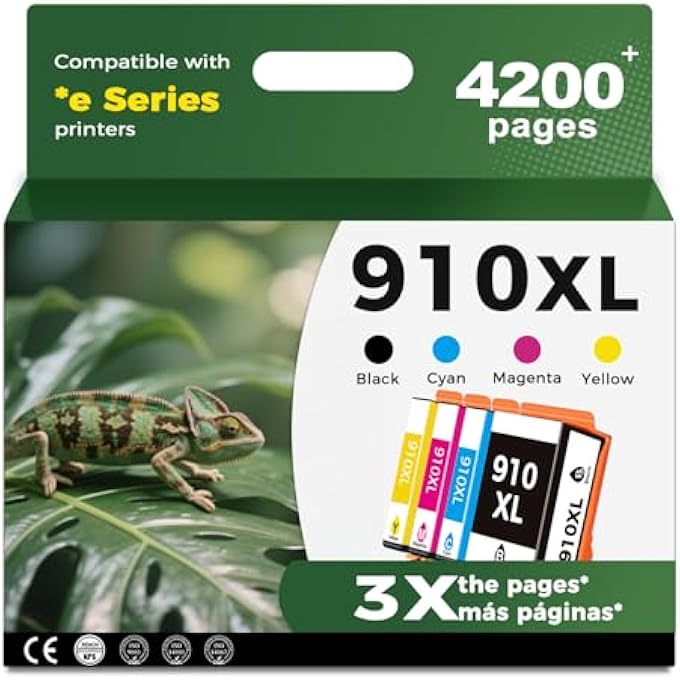 910XL INK CARTRIDGES 4-PACK (BLACK CMY) COMPATIBLE WITH HP 910 XL HP910 FOR OFFICEJET PRO 8015E 8025E 8028E 8010 8025 8020 8020E 8035 PRINTERS WITH CHIP UPGRADE DEVICE TO SOLVE COMPATIBILITY ISSUES