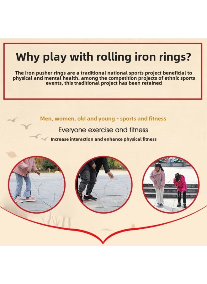 Iron Ring Iron Ring Children's Iron Ring Push Ring Elementary School Students Iron Ring Old-fashioned Iron Ring Adult Nostalgic Toys-Color:Wooden Handle + 38CM Thin Round Steel Bar  - Image 3