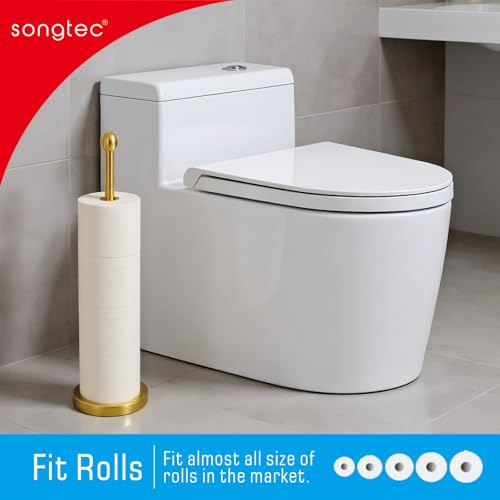 Songtec Gold Toilet Paper Holder Stand with Reserve, Floor Standing Tisse Roll Holder for 4 Rolls, Compact Design Bathroom Toilet Paper Storage - Gold - Image 2