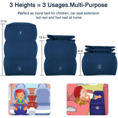 The Autostory Inflatable Travel Foot Rest Pillow – 3-Layer Adjustable Height Leg Rest for Airplane, Car, Office & Toddler Flight Bed – Soft Flocked PVC, Portable with Pump & Dust Bag (Blue) - Image 2