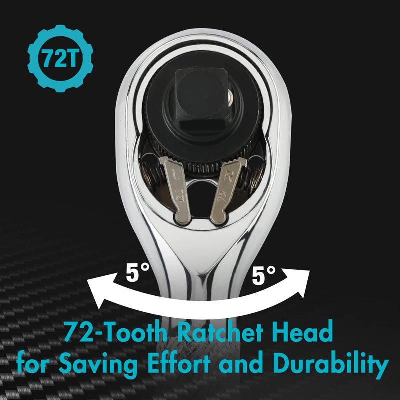 DURATECH Stubby Ratchet Set, 1/4-Inch and 3/8-Inch Ratchets with 2 Extension Bars, 4-piece, 72-T Reversible Quick-Release Head, Chrome Plated Finish and Full Polish - Image 3