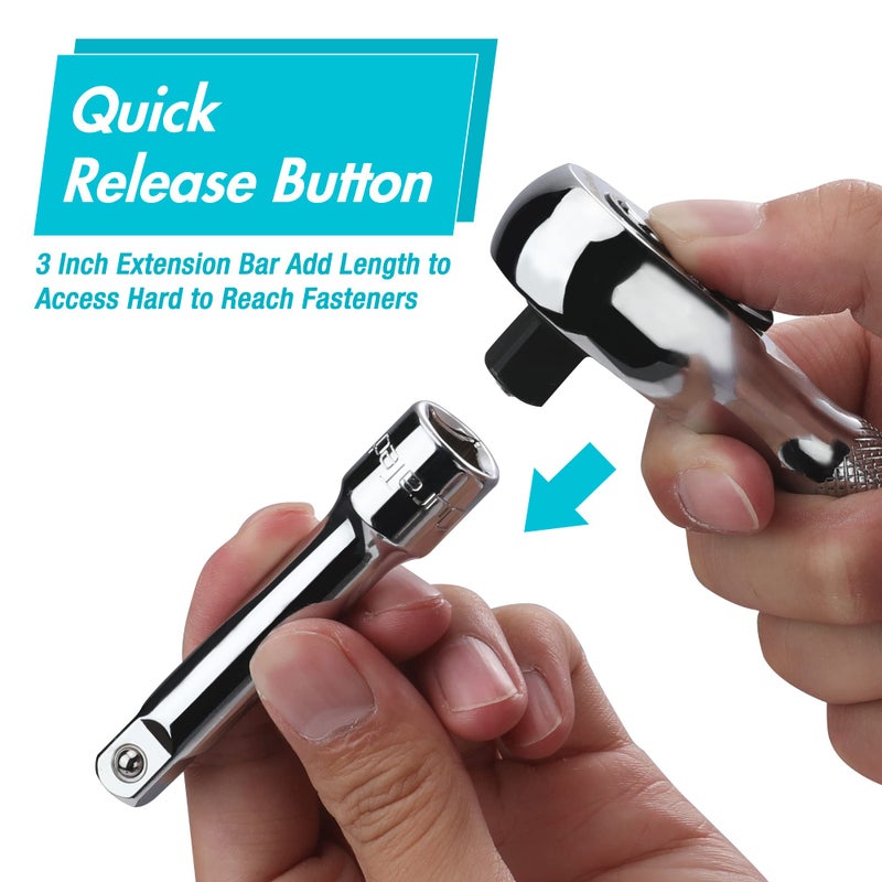 DURATECH Stubby Ratchet Set, 1/4-Inch and 3/8-Inch Ratchets with 2 Extension Bars, 4-piece, 72-T Reversible Quick-Release Head, Chrome Plated Finish and Full Polish - Image 4