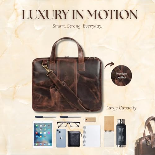 MaheTri Unisex Harbor Laptop Leather Bag/Briefcase (Up to 15.6") | Padded Laptop Compartment with Strap, Pen Holder & 2 Outer Zipper Pockets | Genuine Leather Laptop Bag for Men & Women | Brown - Image 2