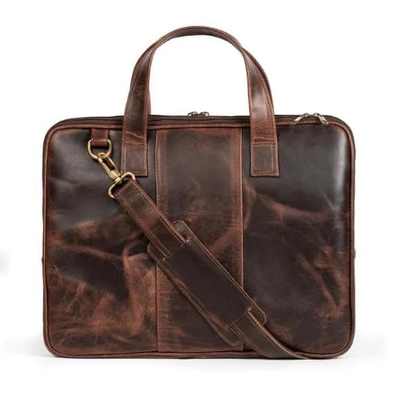 MaheTri Unisex Harbor Laptop Leather Bag/Briefcase (Up to 15.6") | Padded Laptop Compartment with Strap, Pen Holder & 2 Outer Zipper Pockets | Genuine Leather Laptop Bag for Men & Women | Brown - Image 1