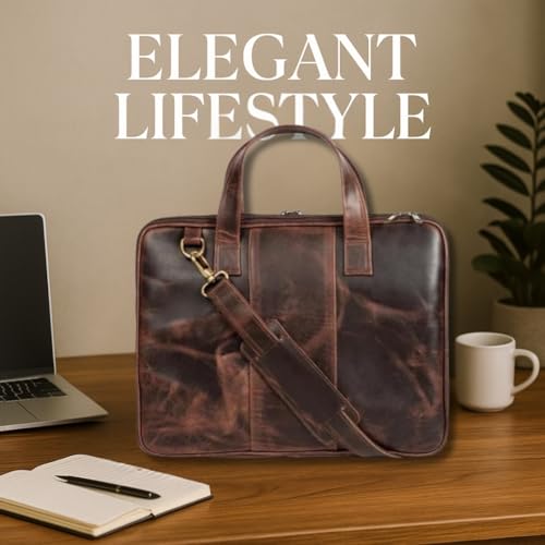 MaheTri Unisex Harbor Laptop Leather Bag/Briefcase (Up to 15.6") | Padded Laptop Compartment with Strap, Pen Holder & 2 Outer Zipper Pockets | Genuine Leather Laptop Bag for Men & Women | Brown - Image 4