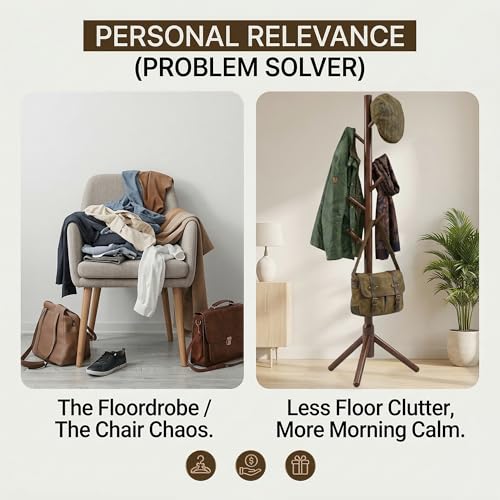 FROVA Wooden Clothes Hanging Stand with 8 Hooks | Free Standing Coat Hanger for Home | Ideal for Coats, Hats, Bags & Scarves | Cloth Stand for Bedroom | 9x9x68 inch, 1 Piece (Brown) - Image 5