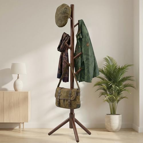 FROVA Wooden Clothes Hanging Stand with 8 Hooks | Free Standing Coat Hanger for Home | Ideal for Coats, Hats, Bags & Scarves | Cloth Stand for Bedroom | 9x9x68 inch, 1 Piece (Brown) - Image 2