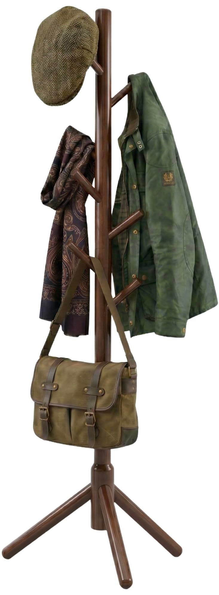 FROVA Wooden Clothes Hanging Stand with 8 Hooks | Free Standing Coat Hanger for Home | Ideal for Coats, Hats, Bags & Scarves | Cloth Stand for Bedroom | 9x9x68 inch, 1 Piece (Brown) - Image 1