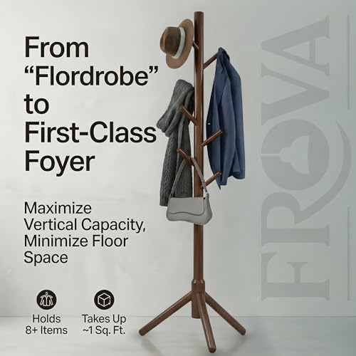 FROVA Wooden Clothes Hanging Stand with 8 Hooks | Free Standing Coat Hanger for Home | Ideal for Coats, Hats, Bags & Scarves | Cloth Stand for Bedroom | 9x9x68 inch, 1 Piece (Brown) - Image 3