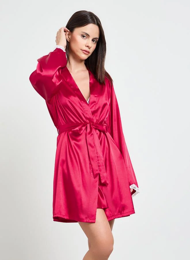 تايك تو Red Lace Trim Slip And Robe Set