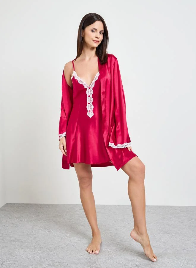 تايك تو Red Lace Trim Slip And Robe Set