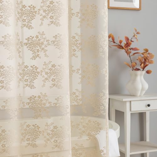 TUDECO Lace Beige Shower Curtain with Valance - Farmhouse Boho Sheer Floral Tan Shower Curtain for Bathroom, Antique Scalloped Edges Neutral Decorative Grandma Core Decor, 1 Panel, 72 x 72 Inch - Image 4