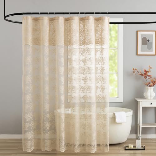 TUDECO Lace Beige Shower Curtain with Valance - Farmhouse Boho Sheer Floral Tan Shower Curtain for Bathroom, Antique Scalloped Edges Neutral Decorative Grandma Core Decor, 1 Panel, 72 x 72 Inch - Image 1