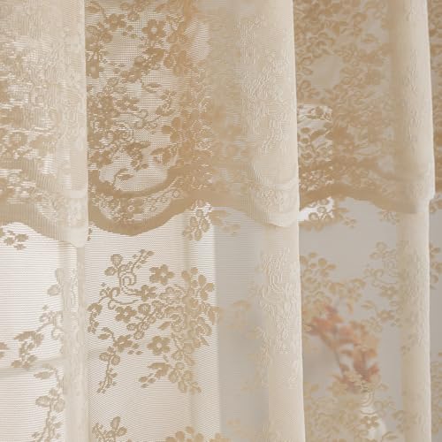 TUDECO Lace Beige Shower Curtain with Valance - Farmhouse Boho Sheer Floral Tan Shower Curtain for Bathroom, Antique Scalloped Edges Neutral Decorative Grandma Core Decor, 1 Panel, 72 x 72 Inch - Image 3
